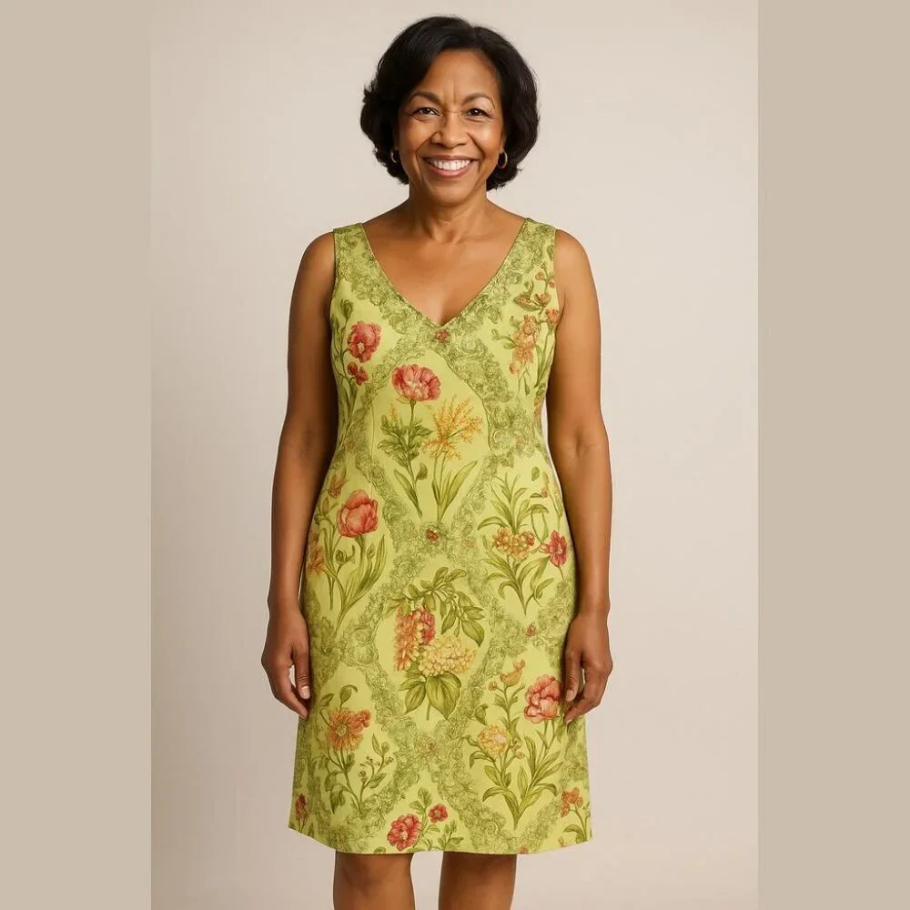 Talbots Yellow Green Floral Sleeveless 100% Cotton A-Line Midi Dress Size 10 - Picture 1 of 11